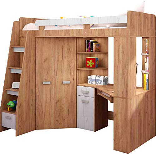 High Sleeper/Bunk Bed - ALL IN ONE Right or Left Hand-side Stairs - Kids/Children Furniture Set. Bed, Wardrobe, Shelves, Desk. dlvr.it/Sl7sn1