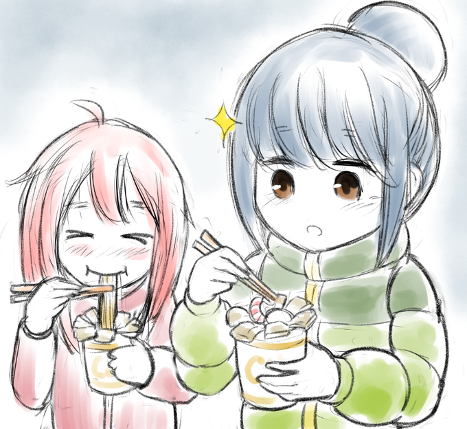 おやすみらくがき昨日作った意識高い系カレーめんを提供されたしまりんとなでしこ。 