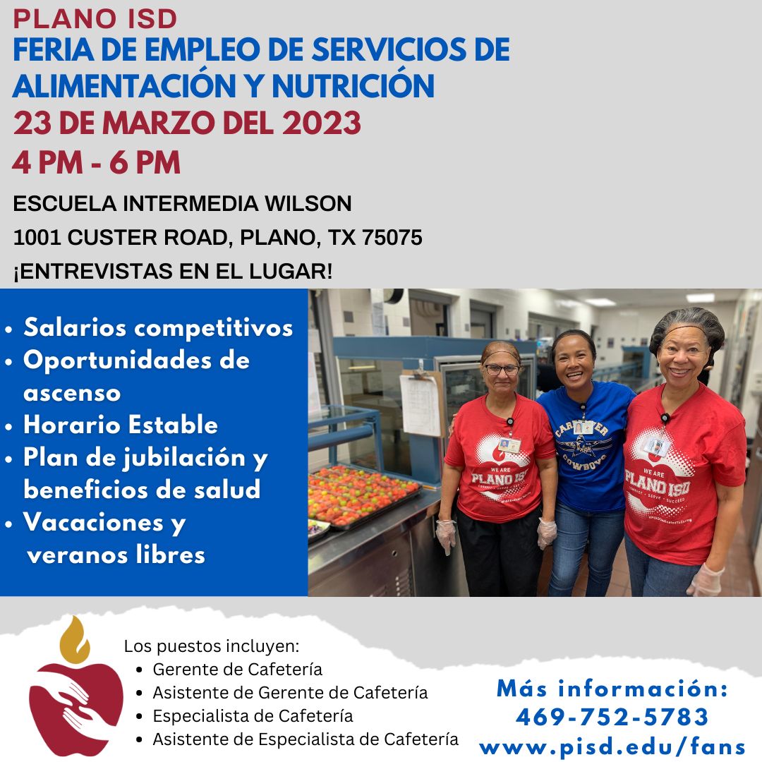 Plano_Schools's tweet photo. 🍎Come join Plano ISD’s Food and Nutritional Services Department at our Job Fair Thursday, March 23 from 4-6 p.m. at Wilson Middle School.

Bring your résumé and be ready to interview! Résumés can be sent in advance to fansjobs@pisd.edu https://t.co/rMnidv346g