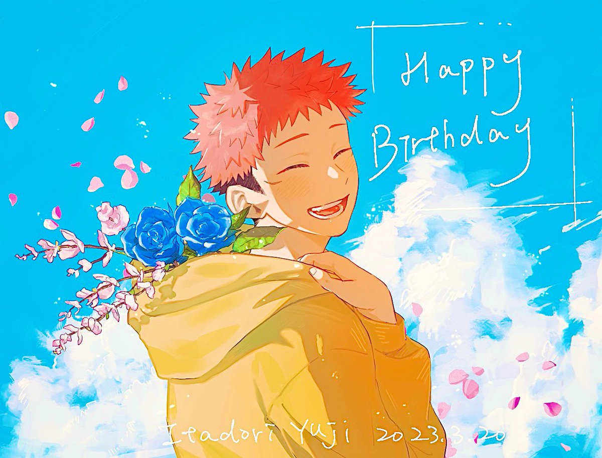 itadori yuuji 1boy happy birthday male focus flower closed eyes short hair undercut  illustration images