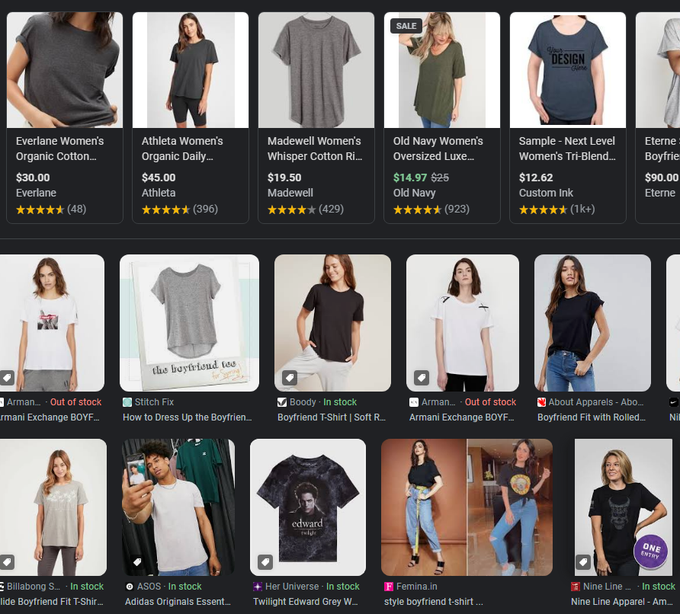 A portion of a screenshot. The Google image search was "boyfriend cut t shirt". There are various photos of t-shirts, some of them worn by models. One model appears to be masculine, while the rest appear to be feminine. 
