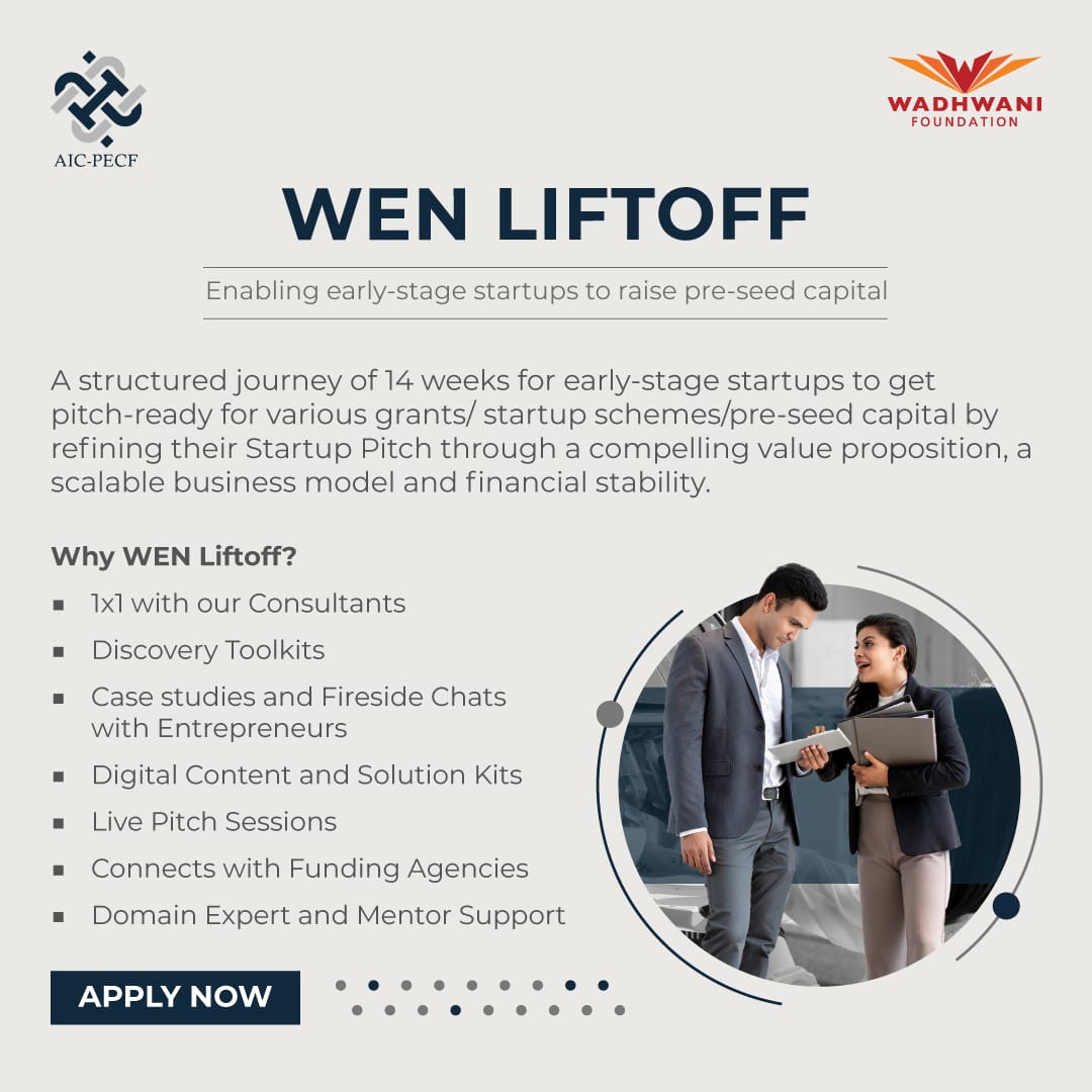 aicpecftweet's tweet photo. A huge shout-out to #startups looking out to
#scaleyour business and #investmentreadiness
AIC-PECF (Atal Incubation Centre Pondicherry Engineering College Foundation) is glad to collaborate with Wadhwani Foundation Wadhwani Entrepreneur (WEN)
Apply Now https://t.co/vD5wpaiJOU https://t.co/ZJthmGYC68