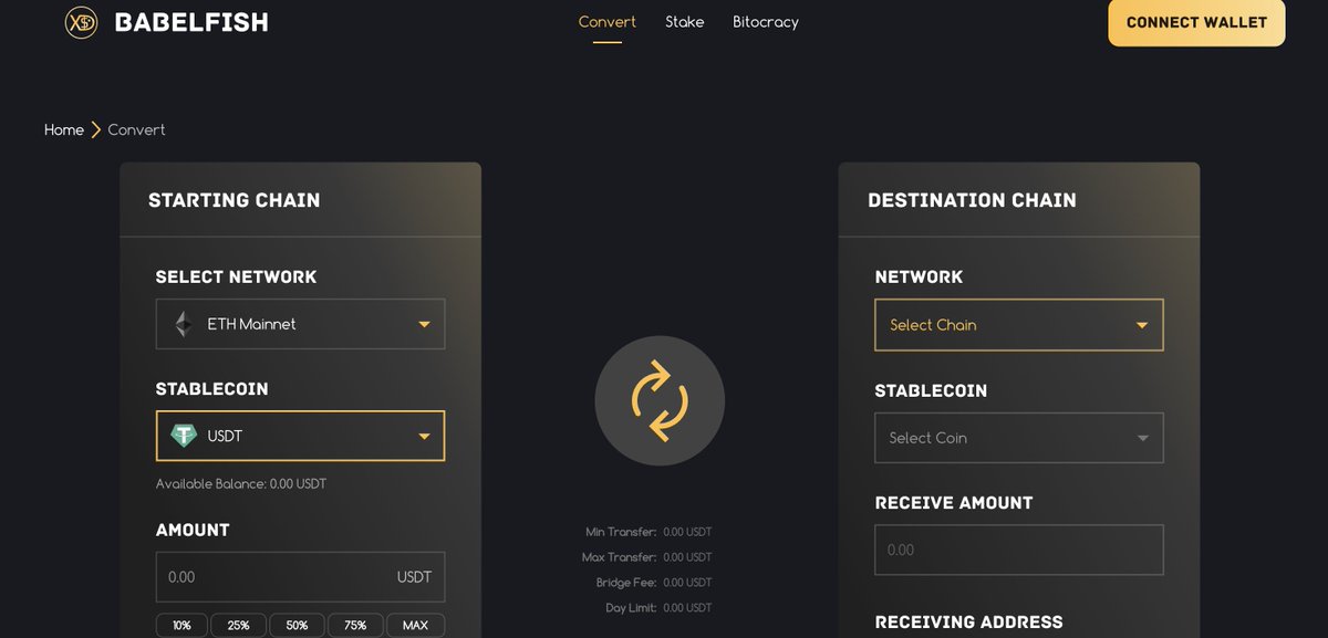 2/ 

-Go to app.babelfish.money <a href="/babelfishmoney/">BabelFish</a>.
-Connect your wallet 
-Select ETH or BNB as your Starting Chain 
-Select your stablecoin USDT, USDC, BUSD or DAI in order to bridge to XUSD.