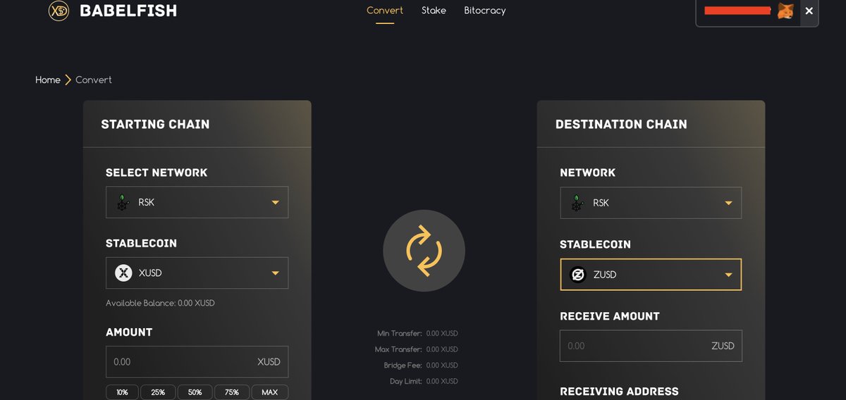 4/

-Now you have XUSD you convert to ZUSD. 
-Select Rootstock as both your Starting Chain and your Destination Chain
-Select XUSD and ZUSD respectively
-Check receive amount and wallet addresses are correct
-Confirm transaction.