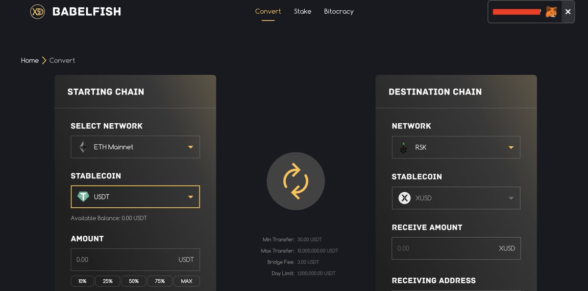 3/

-Select Rootstock as your Destination Chain
-Select XUSD
-Check receive amount and wallet addresses are correct
-Confirm transaction.