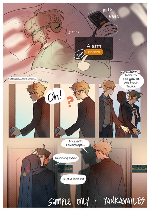The comic is set in an AU where Tsukishima and Yamaguchi are adults and meet as neighbors. A random act of kindness makes Tsukki re-evaluate every other interaction they've had, and if they mean anything. Does he want them to mean anything?

🔗 https://t.co/lqXaKuRMQ9 