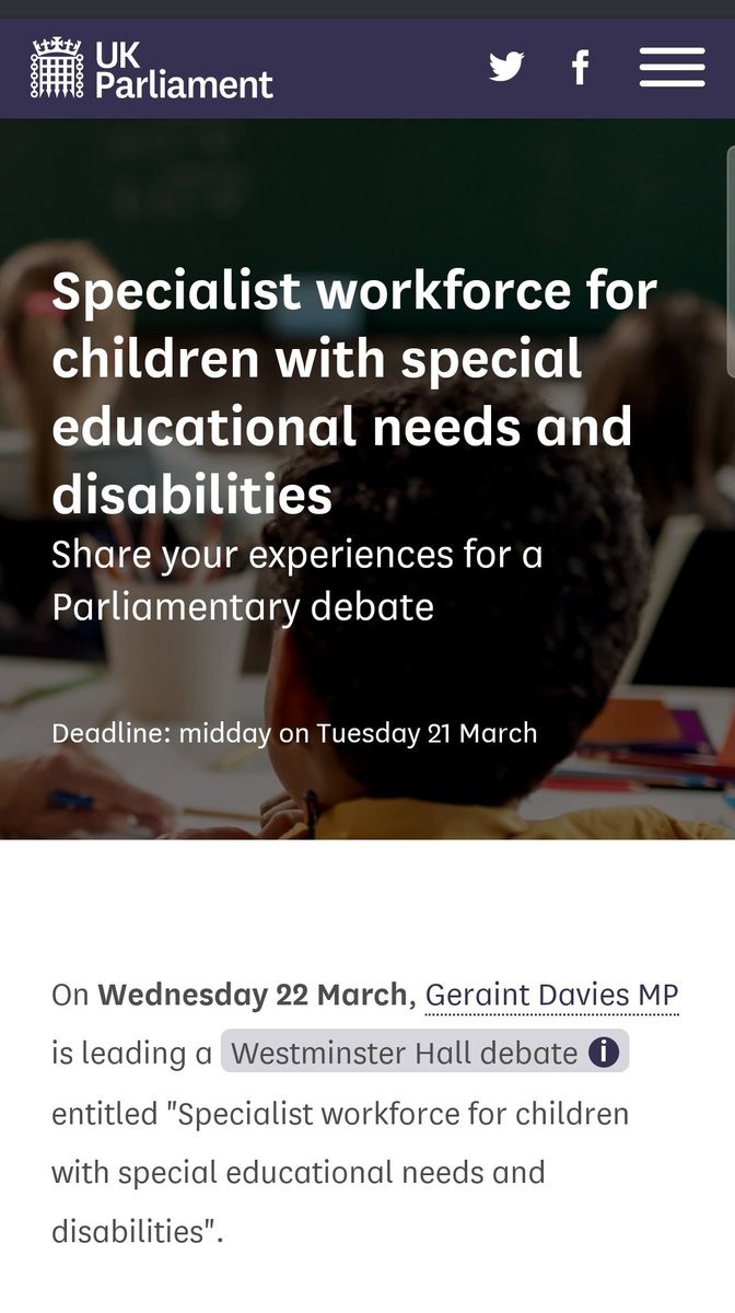 Specialist workforce for children with special educational needs and disabilities #SEND #Autism 

Share your experiences for a Parliamentary debate

Deadline: midday on Tuesday 21 March

ukparliament.shorthandstories.com/cet-workforce-…