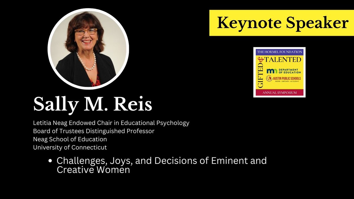 Introducing 1 of our 5 Keynote Speakers: Sally M. Reis

Sally will kick off our 2023 Symposium on June 13:
- Challenges, Joys, and Decisions of Eminent and Creative Women

#GTSymposium #GTChat #CreativeWomen #Challenges #Keynote