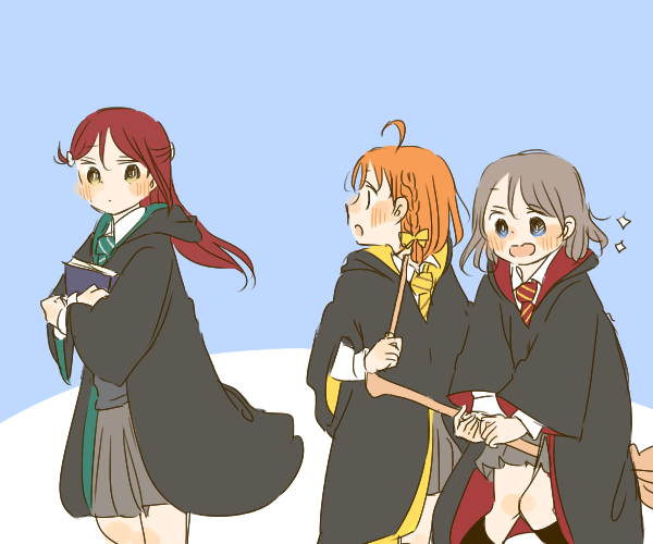 sakurauchi riko ,takami chika ,watanabe you hogwarts school uniform multiple girls 3girls school uniform orange hair book red hair  illustration images