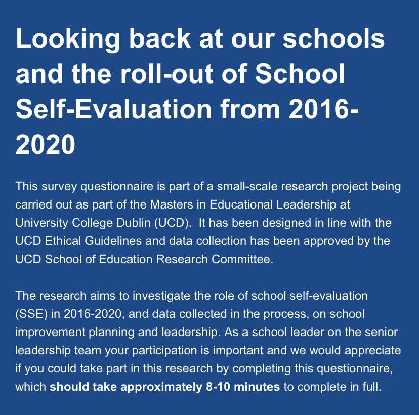Hello #EdChatIe.My M.Ed research requires SLT members in Irish post-primary schools to complete an anonymous survey (10 mins) on the last cycle of SSE in their school. I’d be SO grateful if you could DM or email me Amanda.jolliffe@ucdconnect.ie & I will share the link ❤️. Plz RT.