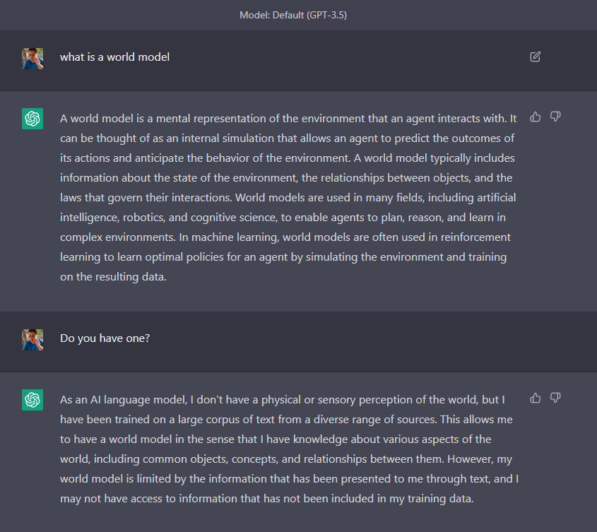 BuidlerBites's tweet photo. @d_feldman GPT-3.5 doesn't think it has a world model https://t.co/mB7H2ZPgzy