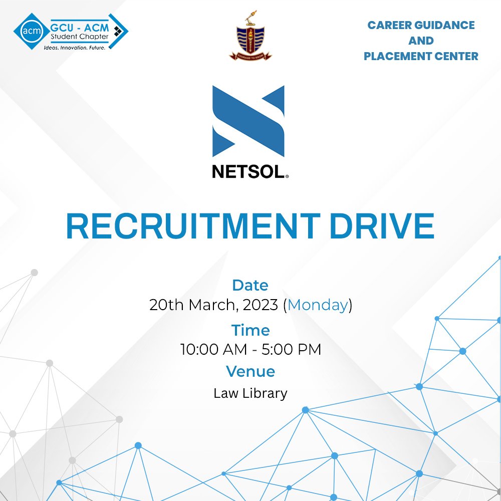 GCU Career Guidance and Placement Center (@gcu_cgpc) on Twitter photo Netsol <a href="/NETSOLTech/">NETSOL Technologies</a> is coming to GCU <a href="/gcuniversitylhr/">GC University Lahore</a> for a recruitment drive on Monday 20th March organized by Career Guidance and Placement Center <a href="/GCU_CGPC/">GCU Career Guidance and Placement Center</a> and Acm Society <a href="/_gcuacm/">GCU-ACM Student Chapter</a> Netsol <a href="/NETSOLTech/">NETSOL Technologies</a> is coming to GCU <a href="/gcuniversitylhr/">GC University Lahore</a> for a recruitment drive on Monday 20th March organized by Career Guidance and Placement Center <a href="/GCU_CGPC/">GCU Career Guidance and Placement Center</a> and Acm Society <a href="/_gcuacm/">GCU-ACM Student Chapter</a>