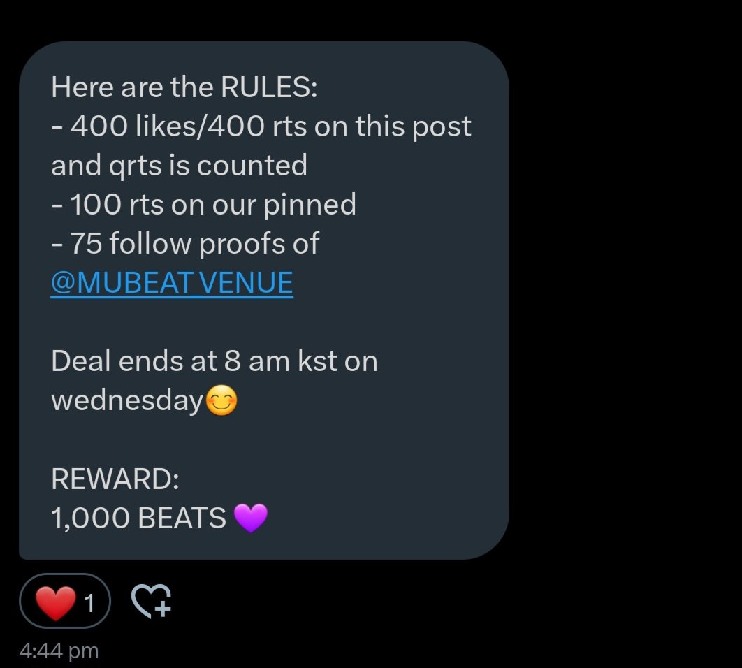 best_chapter_'s tweet photo. Attention EXOLs ‼️‼️‼️
Mubeat deal for #EXO #KAI
🏆 1000 beats 💜

- 400 likes/400 rts ( qrts counted )
- 100 rts on @MUBEAT_VENUE pinned twt

Ends on wednesday 8 am kst!📢📢📢
Let's complete this fast for our Nini bear Eris fighting #KAI_Rover @weareoneEXO https://t.co/aacPVIvg3K