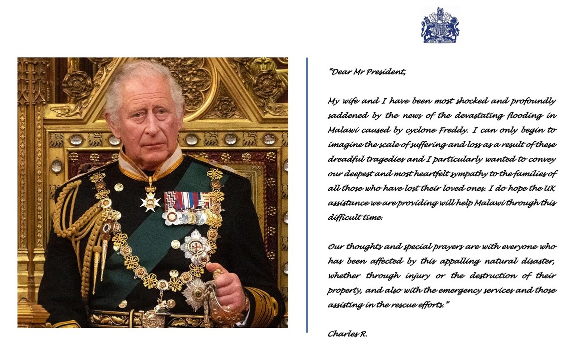 UKinMalawi's tweet photo. His Majesty The King has sent a message of condolence to the President and People of #Malawi offering his “thoughts and special prayers to everyone affected by this appalling natural disaster”. UK stands with our Commonwealth partner at this time of great need. 
#CycloneFreddy https://t.co/xcrce0Yy6m