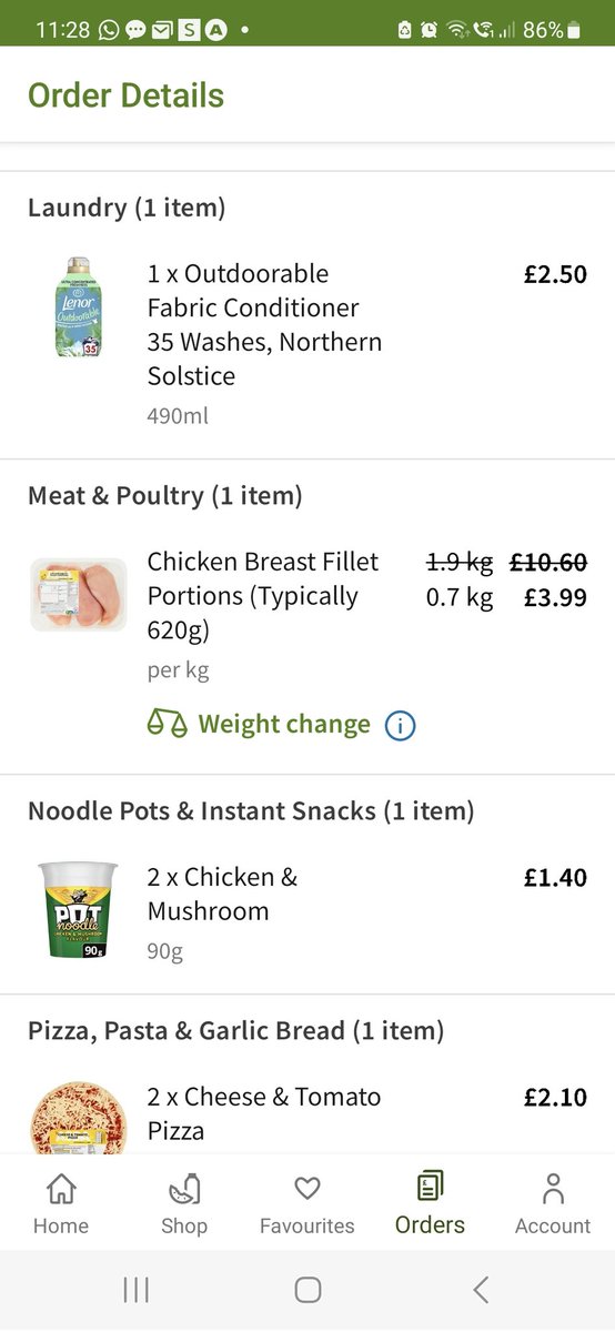 Its_Cheryl_9's tweet photo. Hey @asda... when someone orders a certain amount of produce its because they NEED it. To reduce it by a third and not even list it in the changes is ridiculous. Don't try to tell me you only had this one portion of chicken breasts in your entire shop. https://t.co/30LIu54rJN