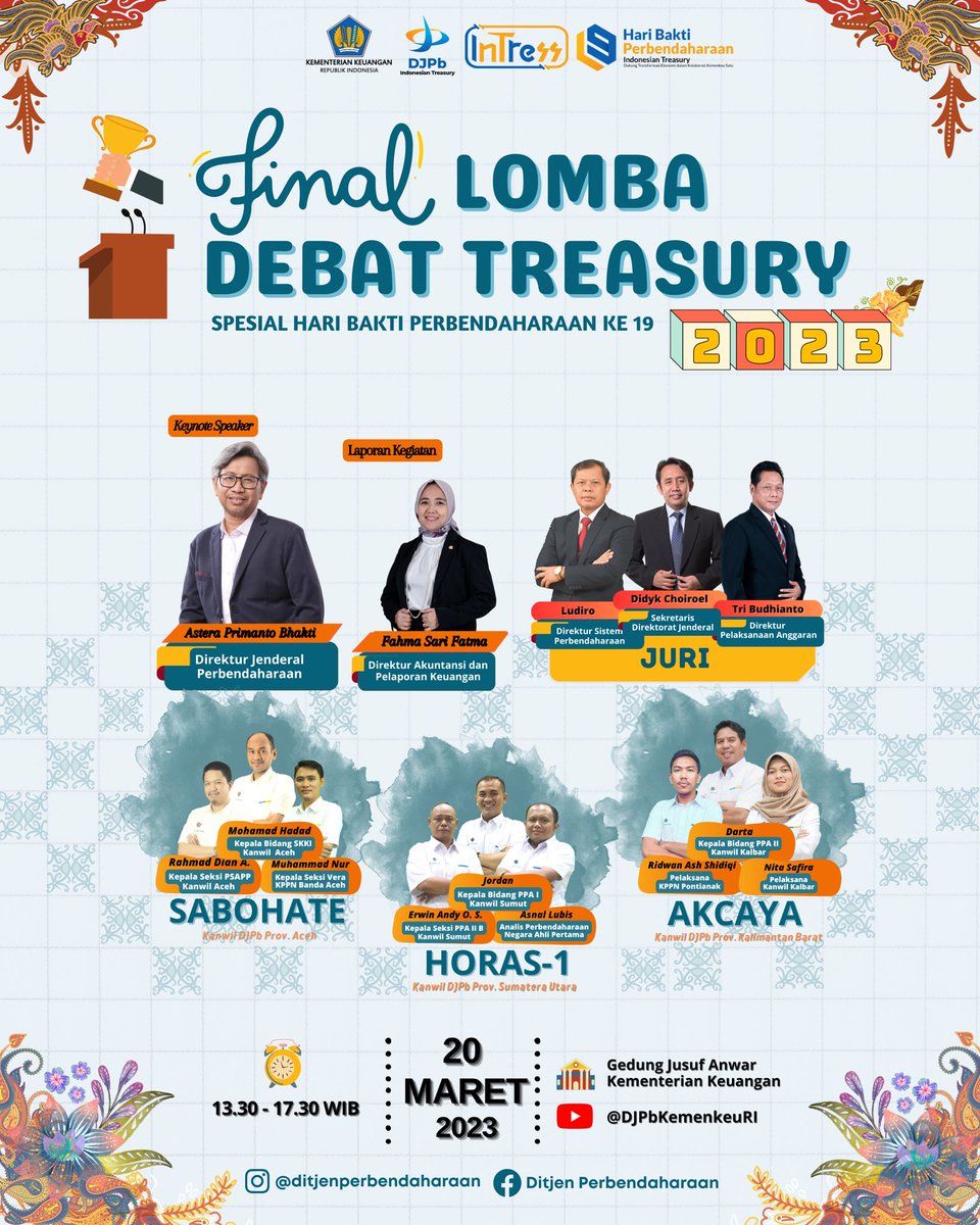 DJPb_Kemenkeu's tweet photo. Selamat malam, #SobatInTress
Rangkaian Lomba Debat Treasury dalam rangka Hari Bakti Perbendaharaan ke-19 Tahun 2023 akan segera mencapai puncaknya. https://t.co/lgPshMxiKV