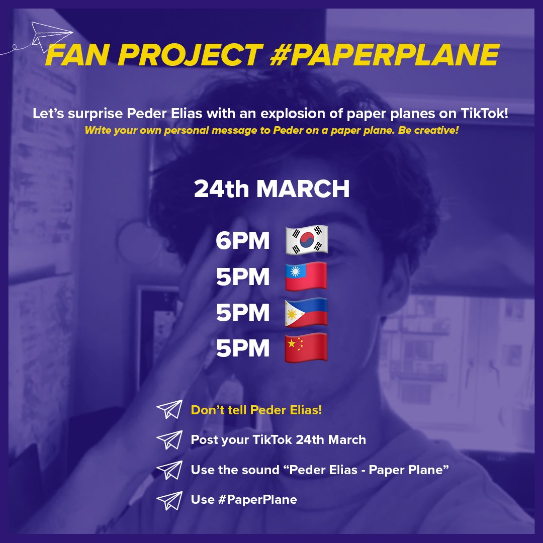 qtdkyeoms's tweet photo. Let’s surprise Peder Elias with the #PaperPlane fan project ❤️

Peder Elias is releasing his new song “Paper Plane” friday 24th March and we want to surprise him with an explosion of paper planes on TikTok–write your own personal message to Peder on a paper plane and be creative! https://t.co/vbQzAXqPlf