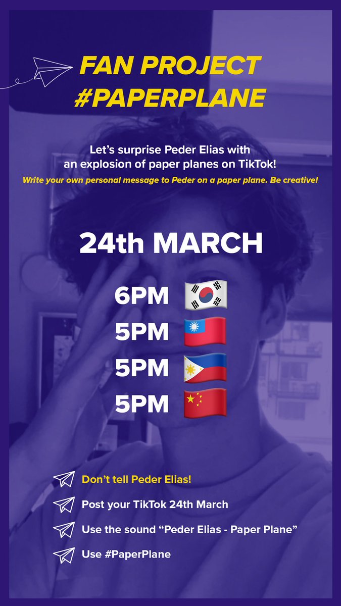qtdkyeoms's tweet photo. Let’s surprise Peder Elias with the #PaperPlane fan project ❤️

Peder Elias is releasing his new song “Paper Plane” friday 24th March and we want to surprise him with an explosion of paper planes on TikTok–write your own personal message to Peder on a paper plane and be creative! https://t.co/vbQzAXqPlf