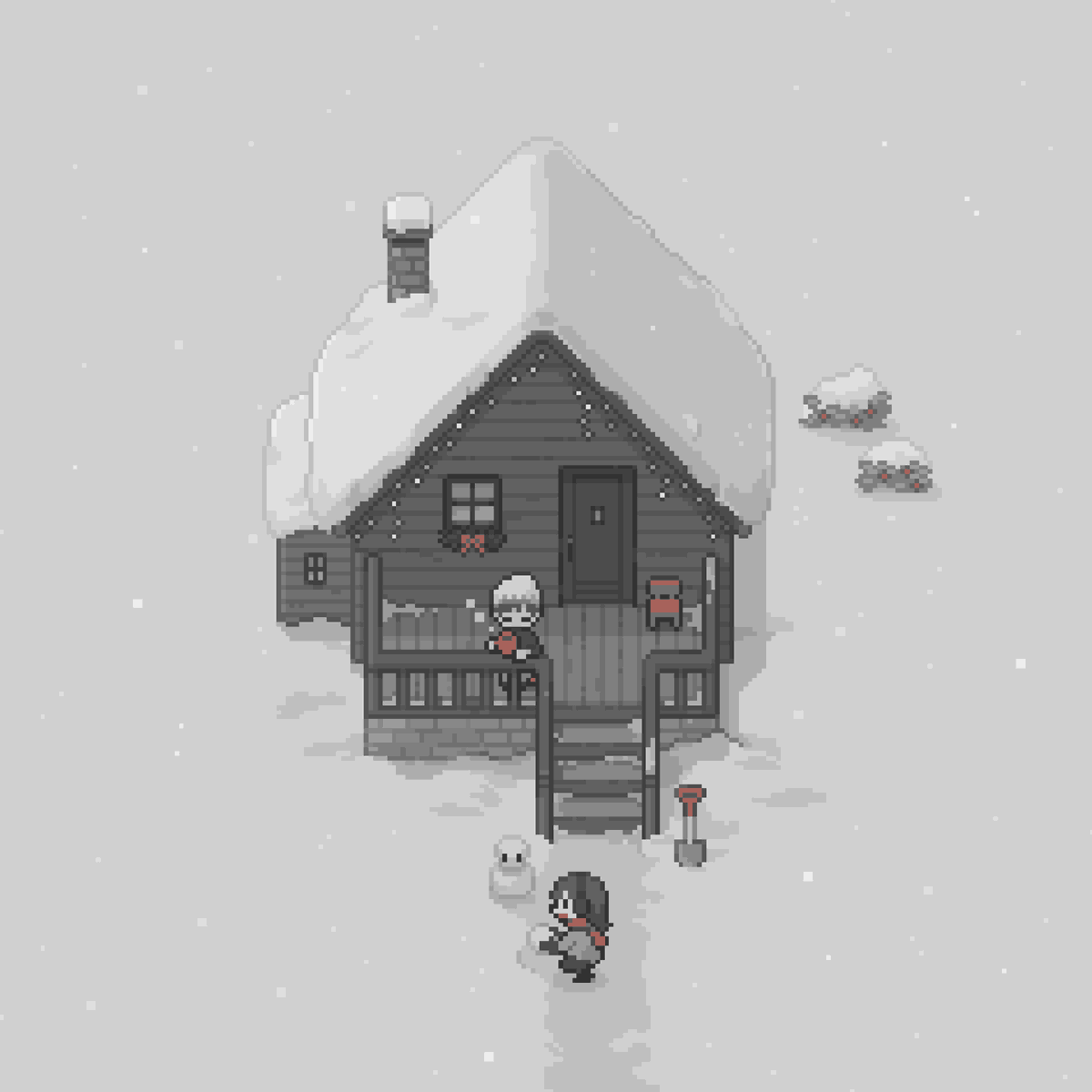 snow snowing snowman footprints black hair house door  illustration images