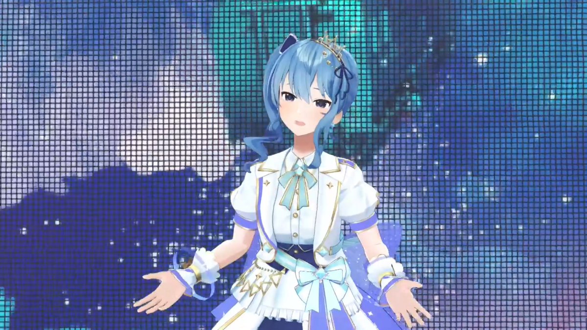 hoshimachi suisei 1girl blue hair solo crown side ponytail bow hololive idol uniform  illustration images
