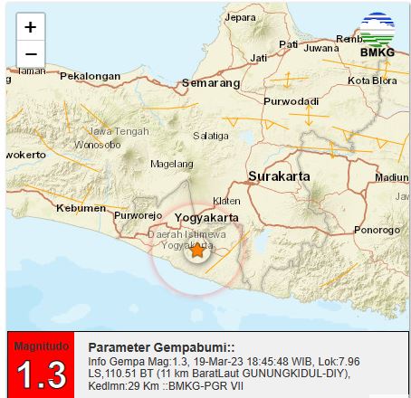 Info Gempa Mag:1.3, 19-Mar-23 18:45:48 WIB, Lok:7.96 LS,110.51 BT (11 km BaratLaut GUNUNGKIDUL-DIY), Kedlmn:29 Km ::BMKG-PGR VII