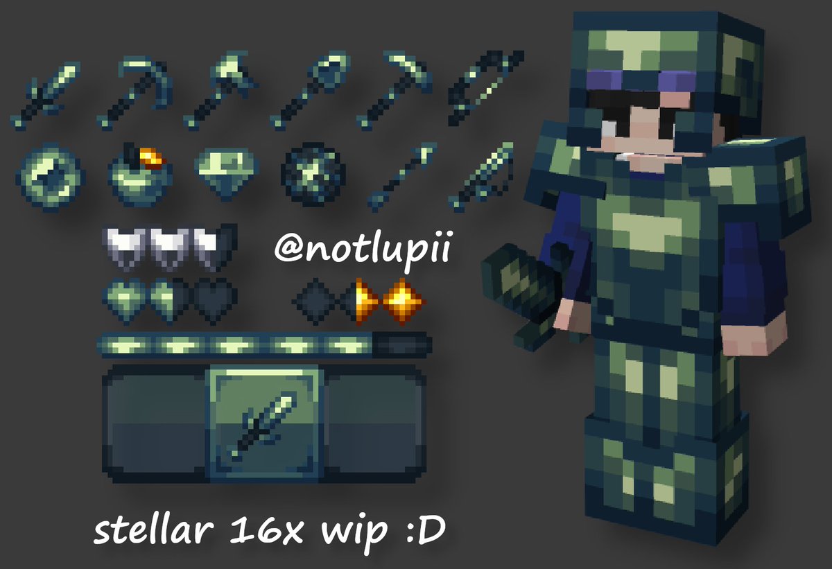 so.. I decided to make a texture pack after a while (almost a year now) Stellar 16x is coming soon! i will post it on my Youtube channel once its done!

like and retweet!
(p.s someone help me with blocks pls)

#Minecraft #pixelart <a href="/packretweeter/">Texture Packs</a>