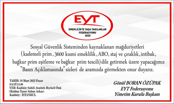 BİRLEŞİP BÜYÜMEYE DESTEĞİZ
👇👇
#EYTKadıköydeTekSes 

#EYT 99 öncesi hakları içeren bir mağduriyettir.
#EYT'li hala mağduriyet yaşıyor.

5000, 3600, ABO, Staj, İntibak, Bağkur, Kısmi Emeklilik mağdurları #EYT'liler olarak;

19 Mart Pazar günü (Bugün)
KADIKÖY de..
<a href="/gonulborann/">Gönül Boran Özüpak</a>