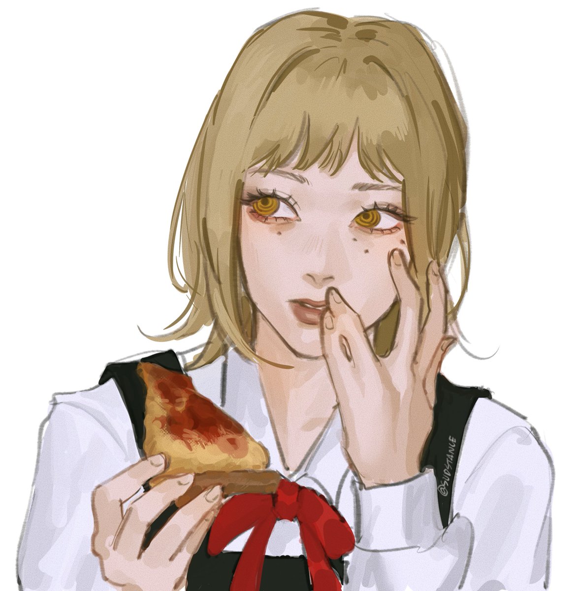 1girl solo food white background holding food simple background mole under eye  illustration images