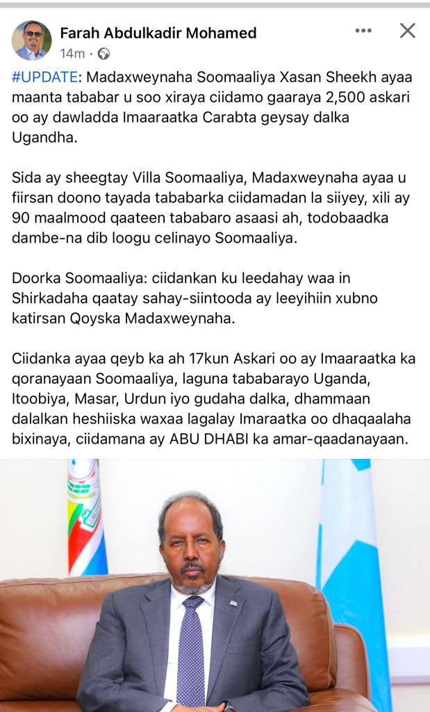 Gaashaan22's tweet photo. Sida ku cad heshiiska dowladda Imaaraatku lagashay #Somalia wuxuu Xaq u siinayaa adeegsiga marinnada barriga,dekadaha badda, garoomada cirka &amp; dhulka Soomaaliya,Imaaraatku waxay u madax banaanyihiin tabarka ciidammada, qalabayntooda, siinta hubka, rasaasta &amp; agabka kale. https://t.co/sm8e6cesGE