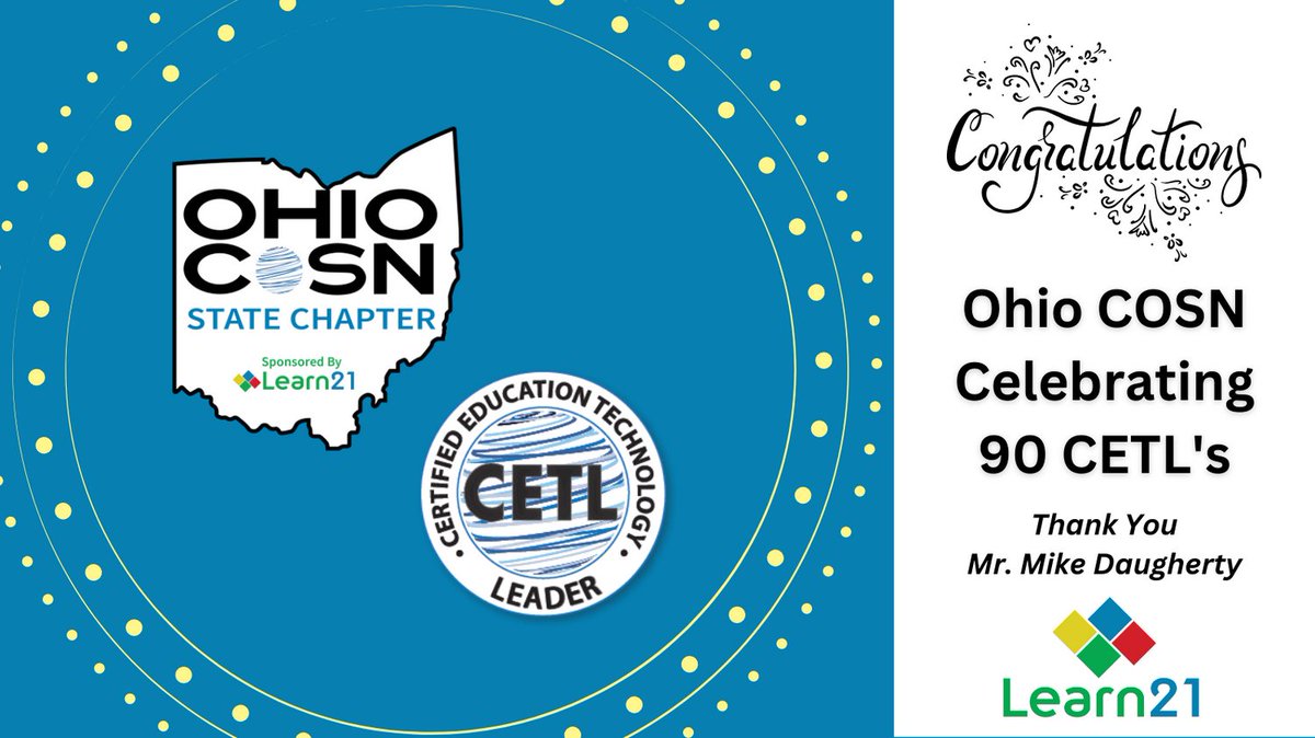 Proud to be a part of an outstanding group of Ohio edtech leaders. Thank you <a href="/MoreThanATech/">Mike Daugherty</a> Mike Daugherty for making an impact with 90!!! Ohio CETL's - We are better because of you! #CoSN2023
Thank you <a href="/Learn21Team/">Learn21</a> for sponsoring this work and helping educators afford the exam!
