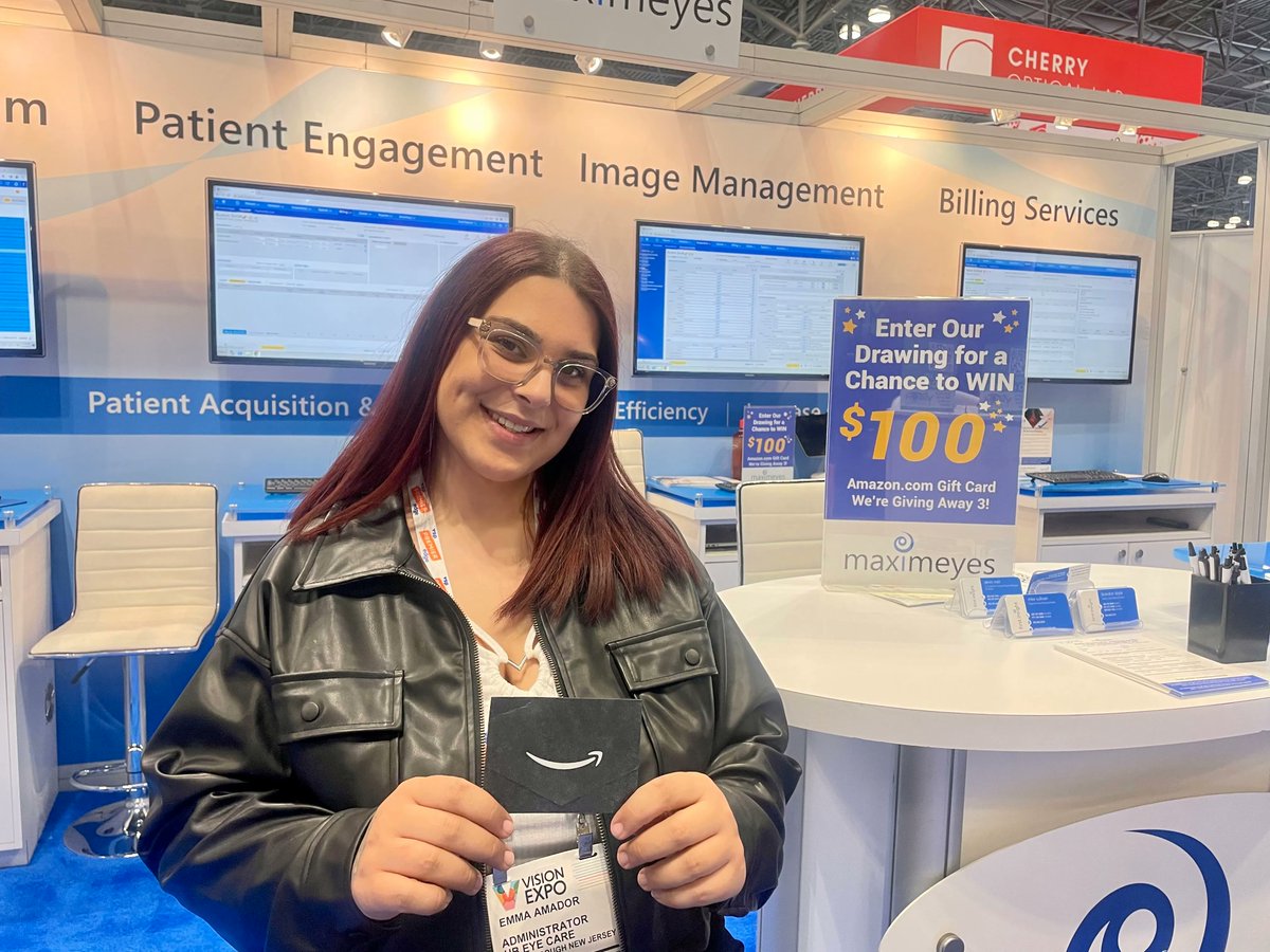 First_Insight's tweet image. Congratulations to Emma from Hillsborough, NJ, a MaximEyes #EHR and #PracticeManagementSoftware customer. She won a $100 Amazon gift card at #VisionExpo East yesterday. Stop by booth F2575; there&apos;s still time to enter today&apos;s drawing. #WeLoveOurCustomers
