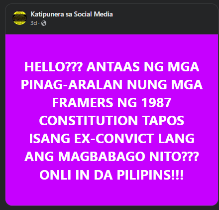 IT_IS_ME3656's tweet photo. HELLO??? ANTAAS NG MGA PINAG-ARALAN NUNG MGA FRAMERS NG 1987 CONSTITUTION TAPOS ISANG EX-CONVICT LANG ANG MAGBABAGO NITO??? ONLI IN DA PILIPINS!!!

CTTO

BOY SILI @robinpadilla23 , YOU HAVE NO RIGHTS TO AMEND THE CONSTITUTION. https://t.co/fhrZJiQdfD