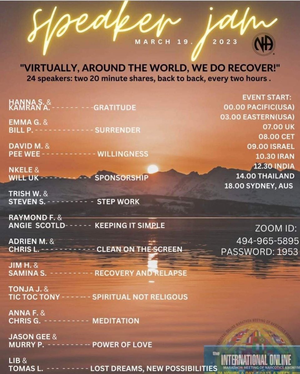 For those that may be in recovery from addiction or need hope. The 24/7 international marathon meeting of Narcotics Anonymous is doing a speaker jam to celebrate 3yrs of nonstop hope on zoom. #recovery #addiction #RecoveryPosse #MentalHealthAwareness #nlhealth