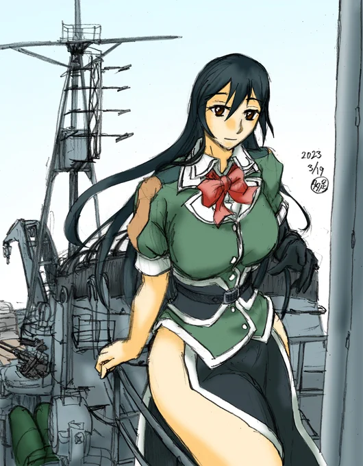 #艦これ版深夜の真剣お絵描き60分一本勝負#艦これ版真剣お絵描き60分一本勝負_20230319筑摩の進水日だそうですよ!#筑摩進水日#あなたのTLに重巡を 