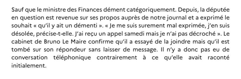 BrunoLeMaire's tweet photo. Faux. La députée est revenue sur ses propos. ↓
Vérifiez vos accusations avant de les prononcer. Je vous demande de retirer sans délais vos propos calomnieux et diffamatoires. Faute de quoi, je me verrais obligé de vous poursuivre en justice pour diffamation. https://t.co/3sOL6g4VyU
