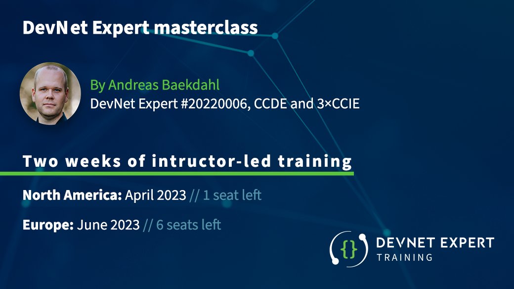 devnettraining's tweet image. Only 1 seat left for the DevNet Expert Masterclass in April!
Learn more and grab the last seat at devnetexperttraining.com

#devnetexpert #ciscocert #cisco #ccie #devnet #ccdeve #networkautomation