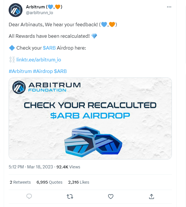 7GearUpCrypto's tweet photo. If you use #Arbitrum, please go to the official arbitrum twitter and make sure it is the right link. #ArbitrumAirdrop. I quote the official tweet.

I have received a lot of scam tweets like the pics below. DON'T GET SCAMMED!!!!! 
The airdrop is not on yet. https://t.co/0SnwEBtXW0