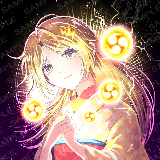 新作の雷ちゃん!ちょっとだけ細かい調整はしますが、こんな感じになりました!周りのエフェクトは雷神が持つ太鼓のイメージですあと、髪型は静電気でちょっと浮き上がったような跳ね方してます#newnnf 