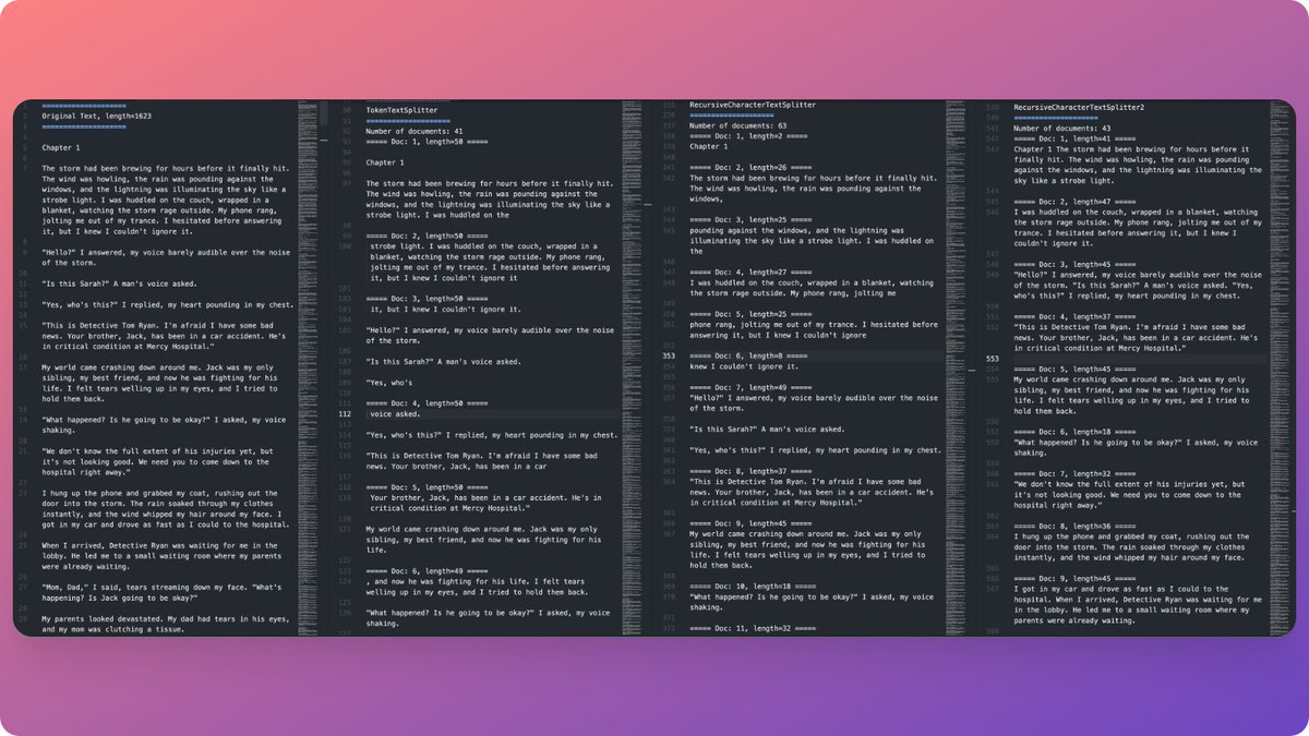 Working on a new Text Splitter for <a href="/langchain/"></a> and am delighted with the results so far! 😍

✅ Recursively splits chunks until small enough
✅ Prefers complete sentences
✅ Reduce # of chunks
✅ GPT-4 wrote almost all the new code!

Demo of the new splitter on the right: