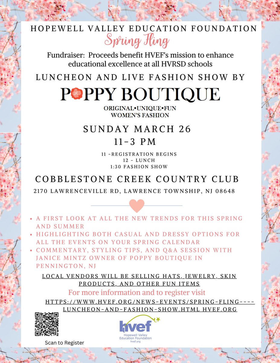 Registration for our Spring Fling Fashion Show and luncheon closes tomorrow, March 20th. Enjoy a fun event and support HVRSD students and teachers! hvef.org/news-events/sp…
