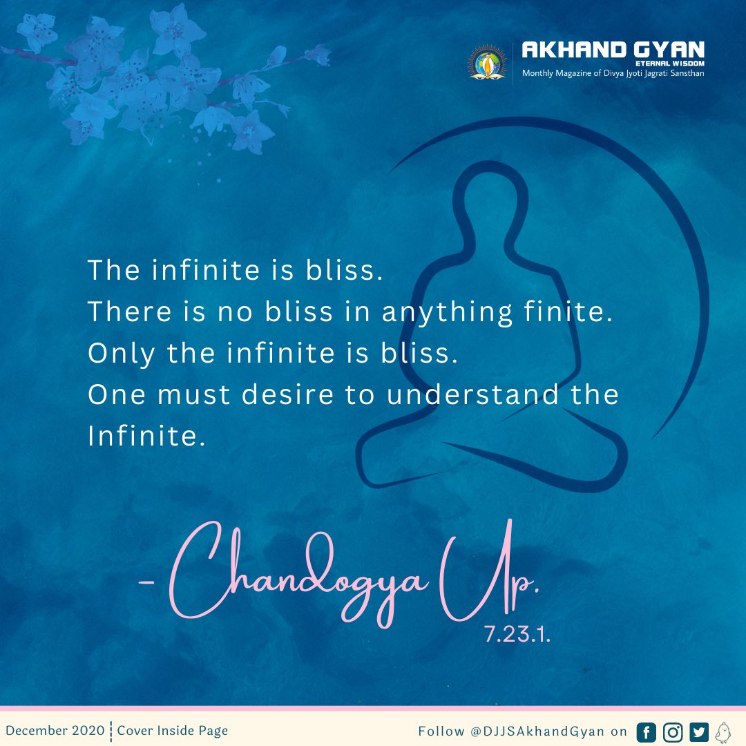 DJJSAkhandGyan's tweet photo. Let’s take a break from the finite and move in the direction of God, who is infinite and full of bliss. All the #Upanishads guide humankind to move towards this infinite; eternal happiness.
#Godisinfinite #eternalbliss https://t.co/bmdNsUD613