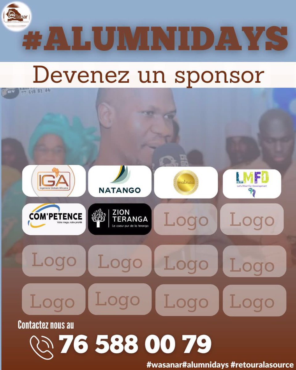 WasanarUGB's tweet photo. 🚥 Devenez sponsors Alumni Days
#sponsors
#Alumnidays
#wasanar
#retouralasource
#UGB #Retwet https://t.co/E4oRdYOmFm