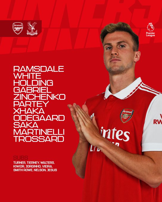 Arsenal Starting XI: Ramsdale, White, Holding, Gabriel, Zinchenko, Partey, Xhaka, Odegaard, Saka, Martinelli, Trossard.

Subs: Turner, Tierney, Walters, Kiwior, Jorginho, Vieira, Smith Rowe, Nelson, Jesus.