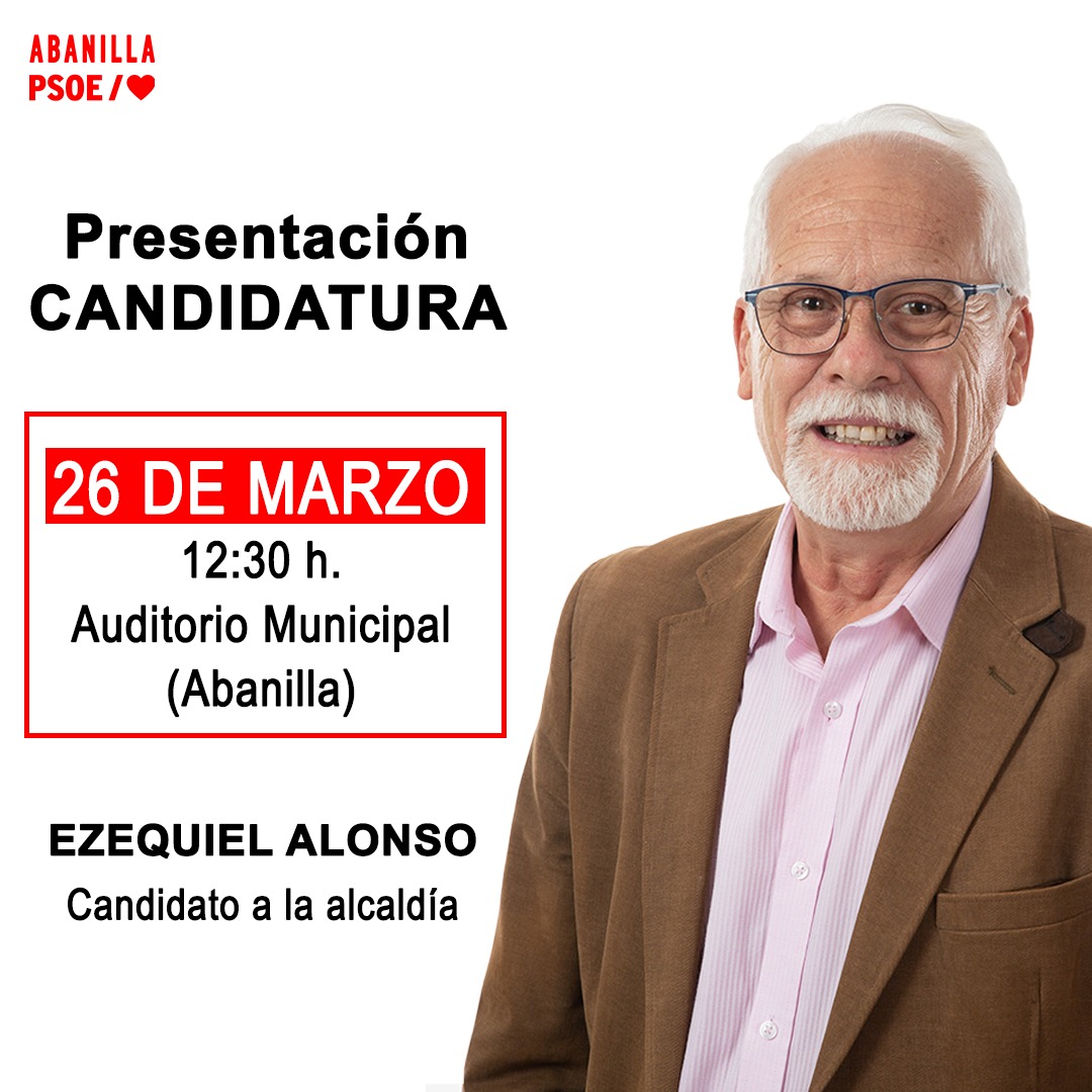 ❤️/ Presentación del equipo que acompañará a <a href="/EzequielAlonsoG/">Ezequiel Alonso Gaona</a> a las elecciones municipales de mayo. 

📅 26 de marzo
⏰ 12:30 h.
📍 Auditorio Municipal (#Abanilla)

✅ Al finalizar, comida en el restaurante María José (Mahoya).
¡Os esperamos!

#AbanillaMereceMás
#EzequielAlcalde