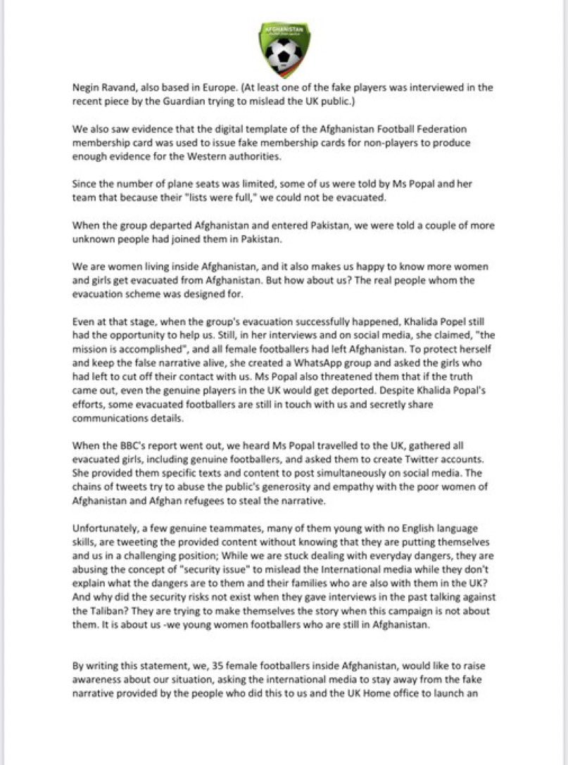 Farahnaz231's tweet photo. Urgent statement by 35 Afghan female footballers from inside Afghanistan regarding the recent events. 
@stewartmclean @bbcnews @yaldahakim @genevaabdul
@vicenews @refugeecouncil
@yasminarakhan @Sophiasgaler
@veritybowman @owenjones84
@SamiraAhmedUK @SattarSaeedi https://t.co/9O6BwVRHxL