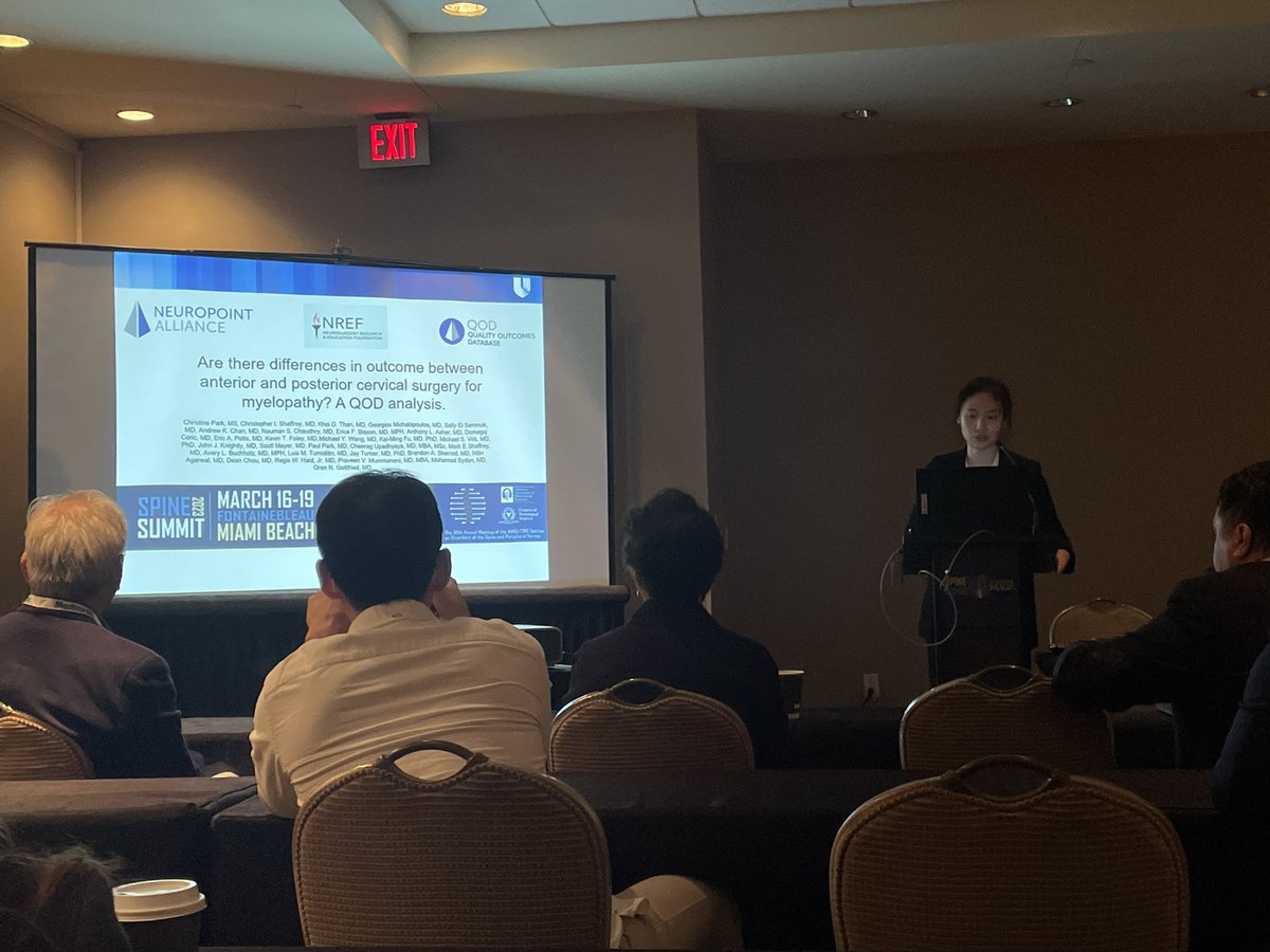 Great talk by superstar <a href="/DukeMedSchool/">Duke University School of Medicine</a> student Christine Park <a href="/sparkcpark/">Christine Park</a> on comparing anterior and posterior approaches in CSM using <a href="/NREFORG/">NREF</a> QOD data - fresh off her match into neurosurgery residency at <a href="/UWNeurosurgery/">UW Neurological Surgery</a> this week ! 👏🏻 
#2023SpineSummit
<a href="/AANSNeuro/">AANS</a> 
<a href="/spinesection/">AANS/CNS Spine Section</a>