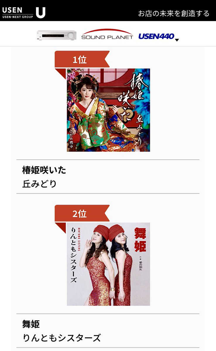 TOSHIPHONIX's tweet photo. りんともシスターズ「舞姫」がUSEN演歌・歌謡曲ランキングで見事第2位に！1位は丘みどり「椿姫咲いた」。
椿姫 vs 舞姫の姫対決頂上決戦と相成りました！☹️ https://t.co/yxSxWFoawh