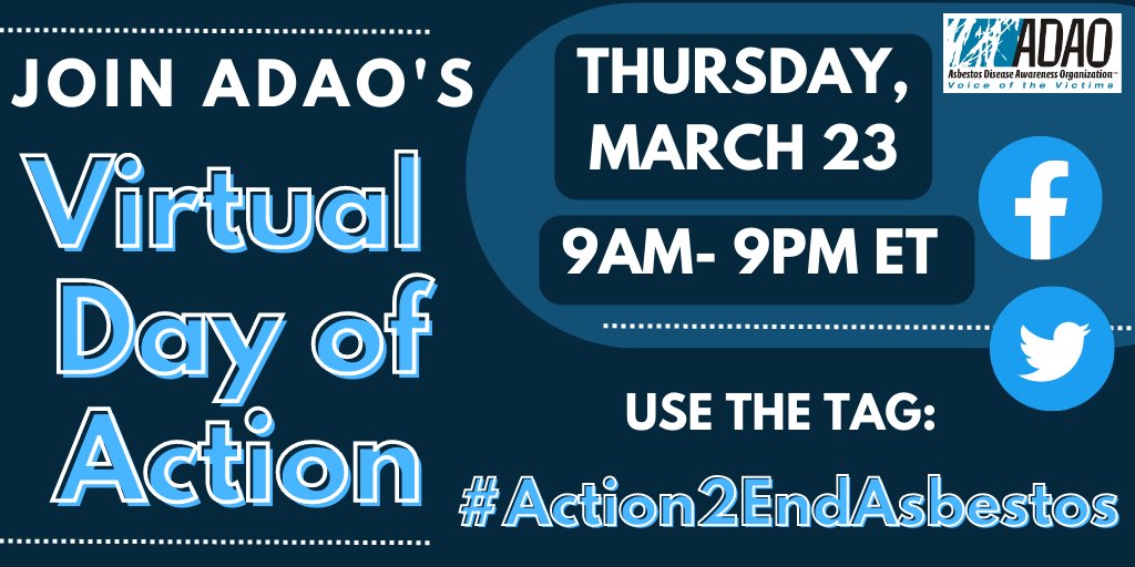 Linda_ADAO's tweet photo. Save the date because ADAO invites YOU to join our #VirtualDayofAction on Thursday, March 23! Use #BanAsbestos on social media platforms to spread awareness and engage with #PublicHealth experts, #MesoWarriors, and the ADAO #CommUNITY! https://t.co/6sFKD3PV2F #Asbestos https://t.co/sDOf36IO2V