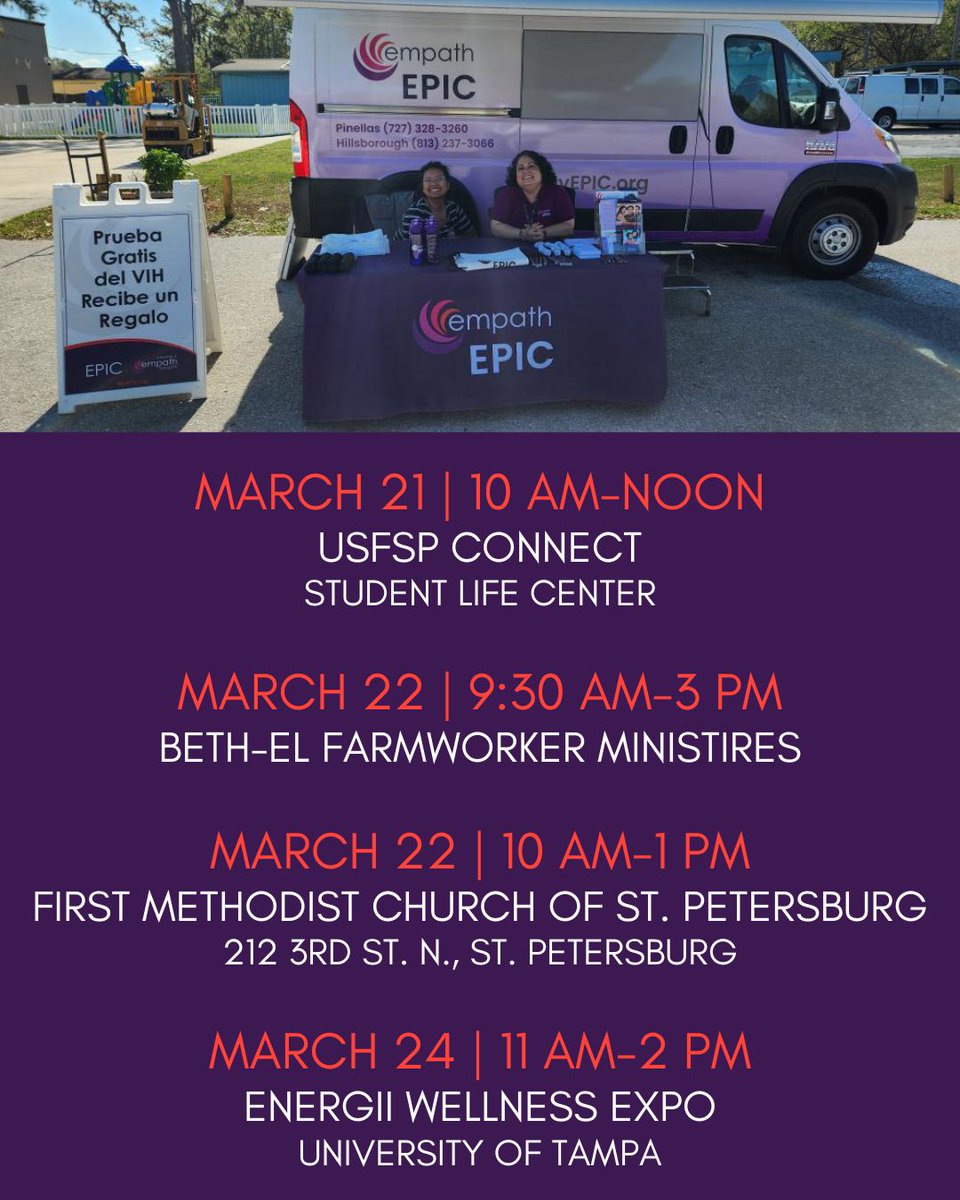 EPICTampaBay's tweet photo. EPIC is on the go! Our outreach team will be at these area locations offering free rapid HIV testing and information about other EPIC services.

#MyEPICTampaBay #FreeHIVTesting #HIVPrevention #CommunityEvent #Tampa https://t.co/bmUktuVdnA