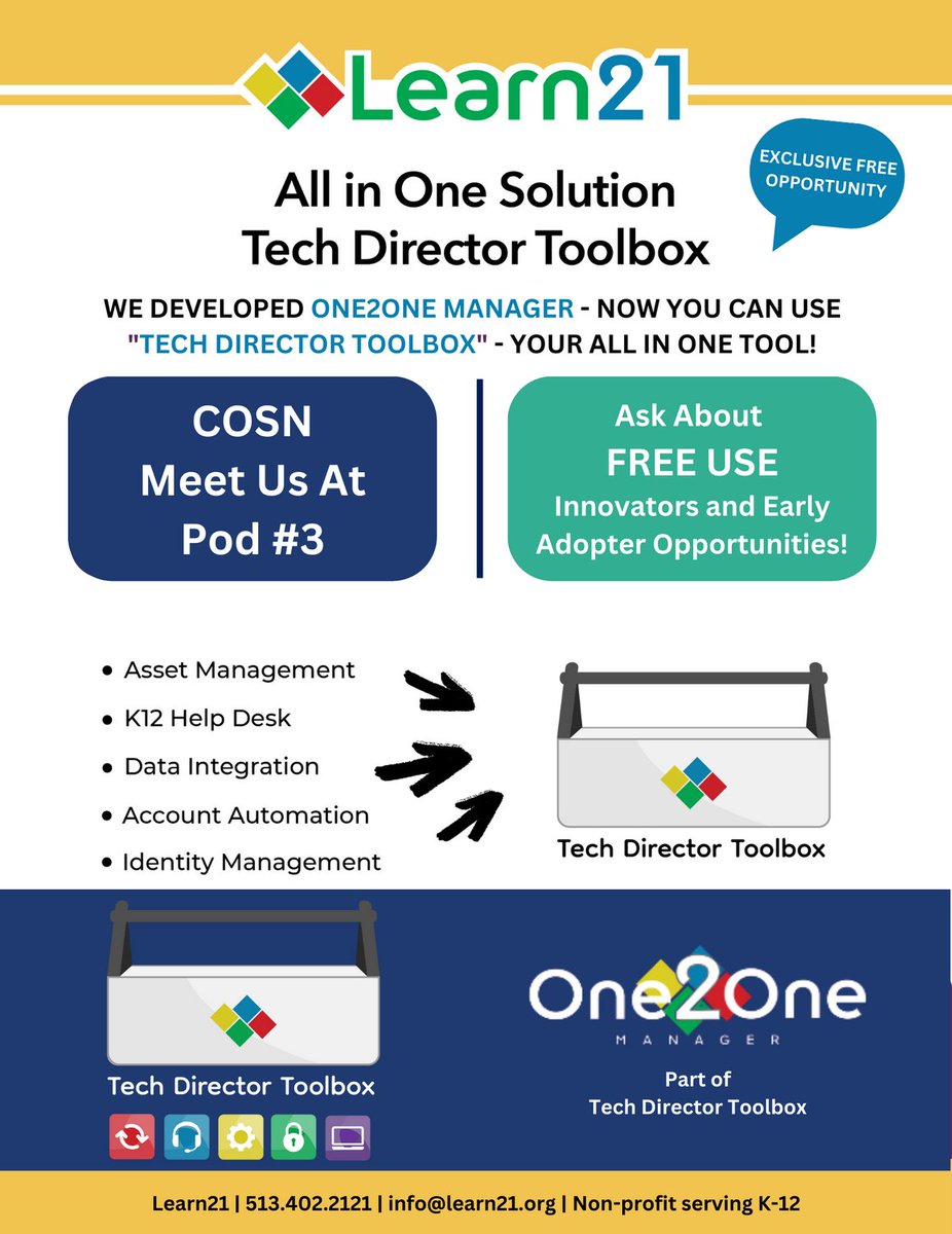 Looking forward to an engaging week at #CoSN2023 Releasing the new Tech Director Toolbox! See us at Pod#3. #edtechleader #k12village #Learn21
